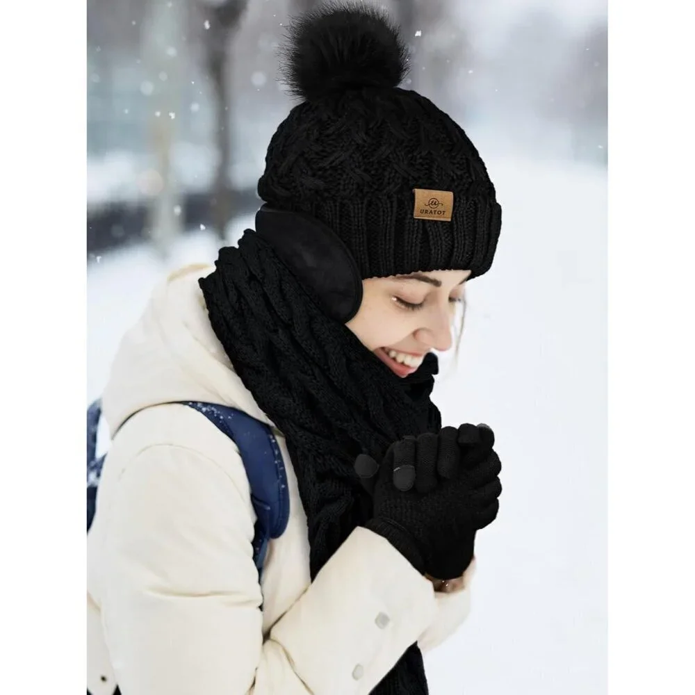 Winter Warm Knitted 4-in-1 Set Hat Scarf Gloves Ear Warmer Men Women